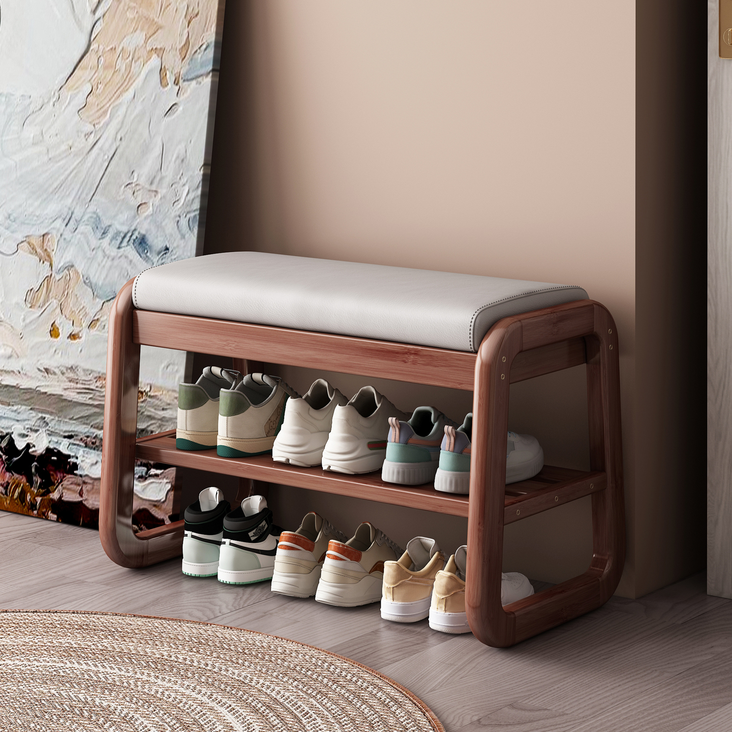 实木储物换鞋凳鞋架，一凳多用