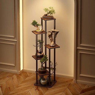 复古博古架实木新中式摆件架办公室茶室氛围布置高级感花架落地式