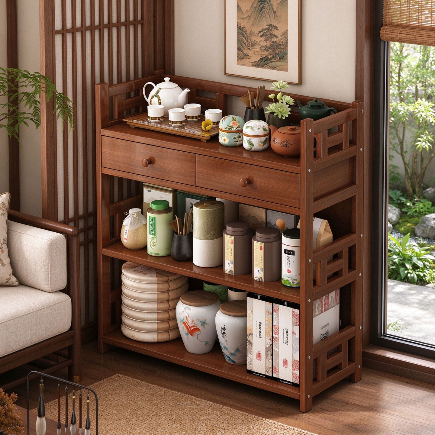 实木茶水柜小型博古架新中式茶室茶具茶柜置物架多功能茶叶展示柜
