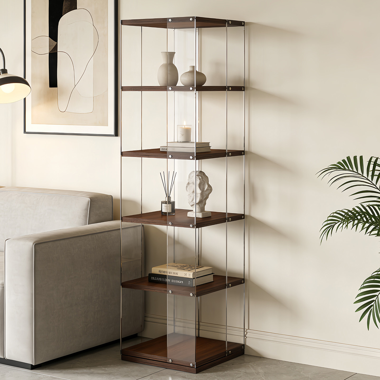 转角置物架亚克力墙角360度旋转书架移动客厅中古风角落边角柜子