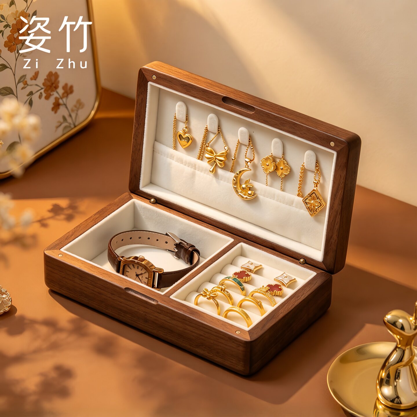 实木首饰盒黑胡桃木质复古小型便携黄金珠宝戒指收纳盒高端轻奢风