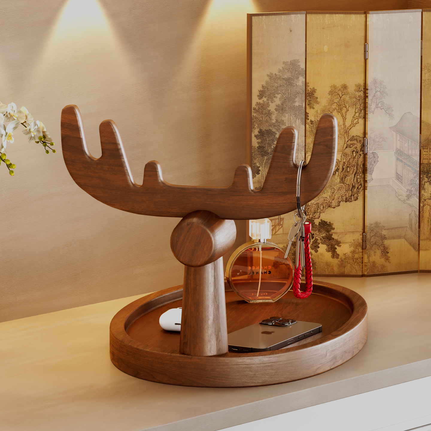 创意小鹿钥匙收纳玄关摆件桌面收纳盒香水耳机展示架小杂物整理架