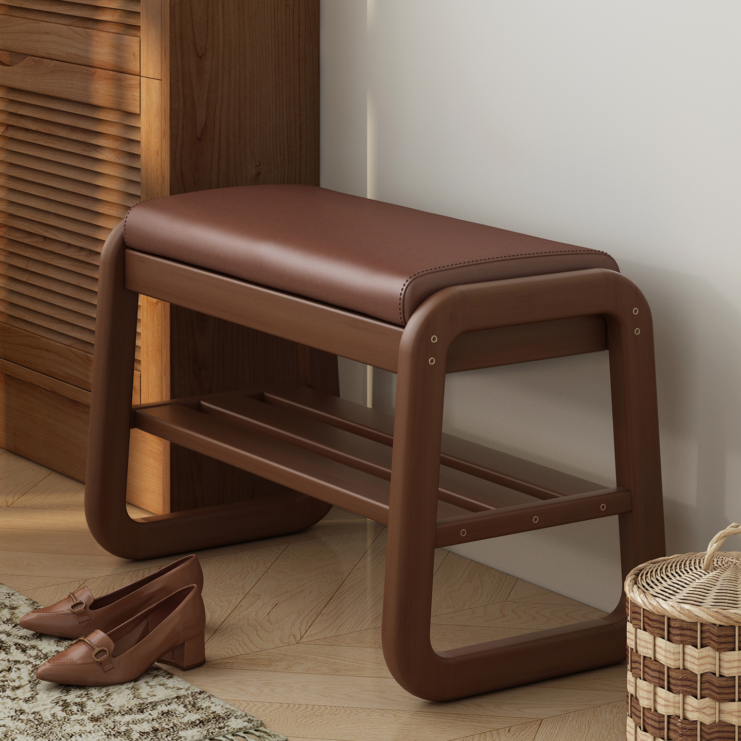 全实木储物换鞋凳鞋架，一凳多用