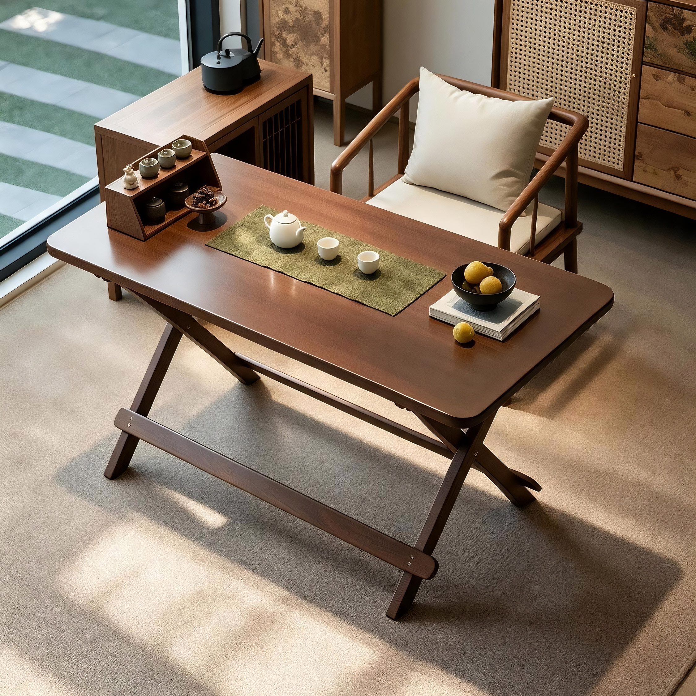 实木折叠茶桌中古风折叠茶几图片