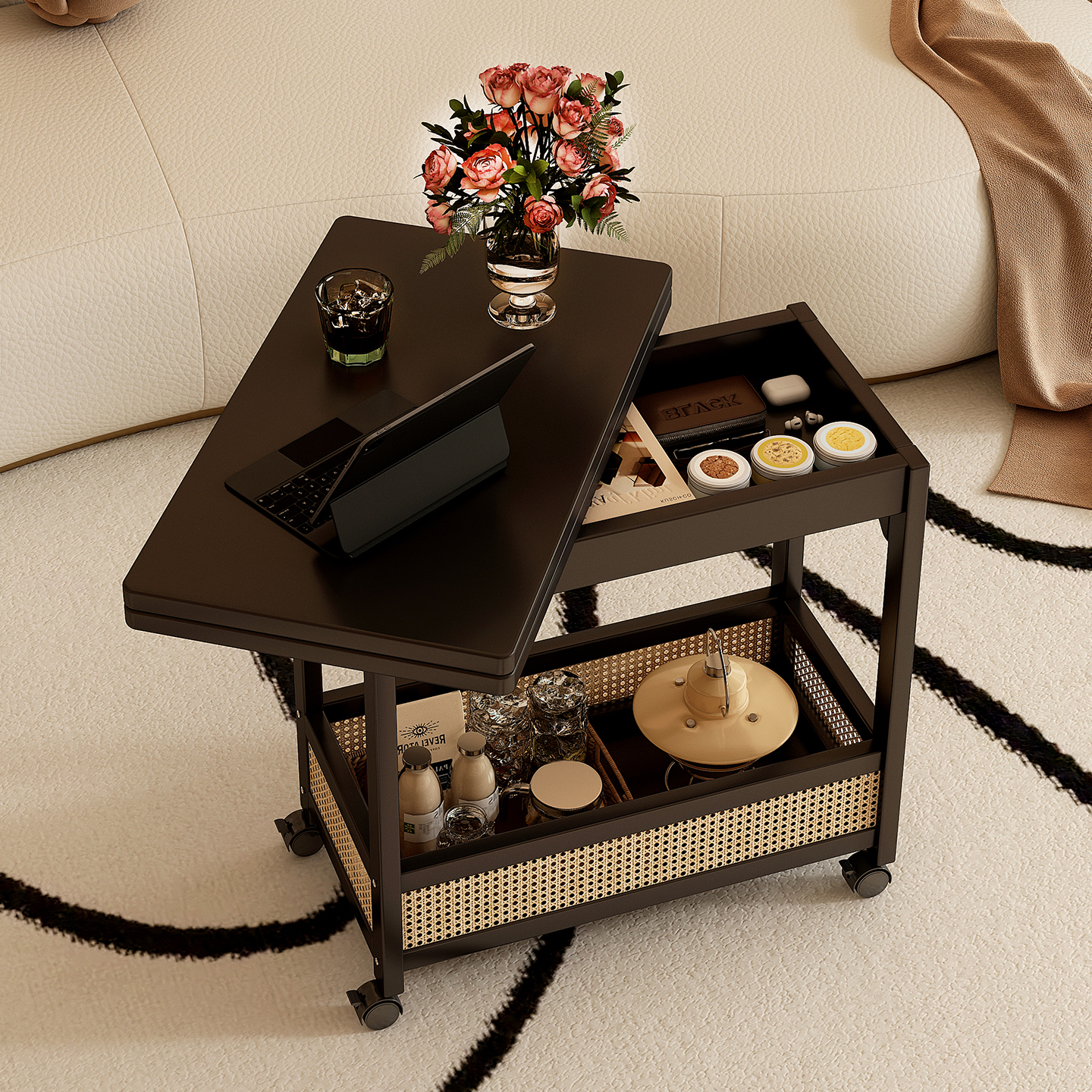 【折叠桌+小推车+带收纳盒茶几】