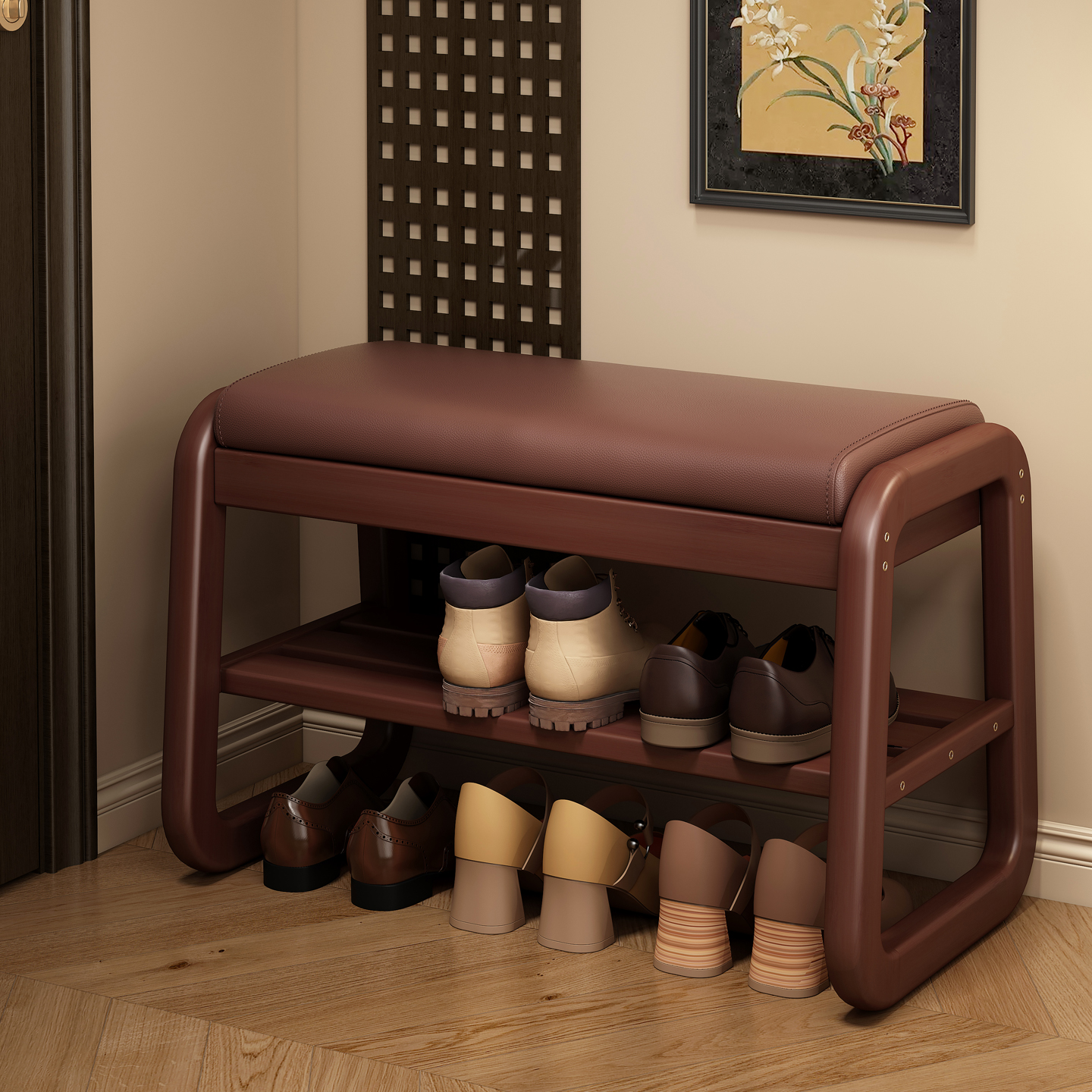 实木储物换鞋凳鞋架，一凳多用