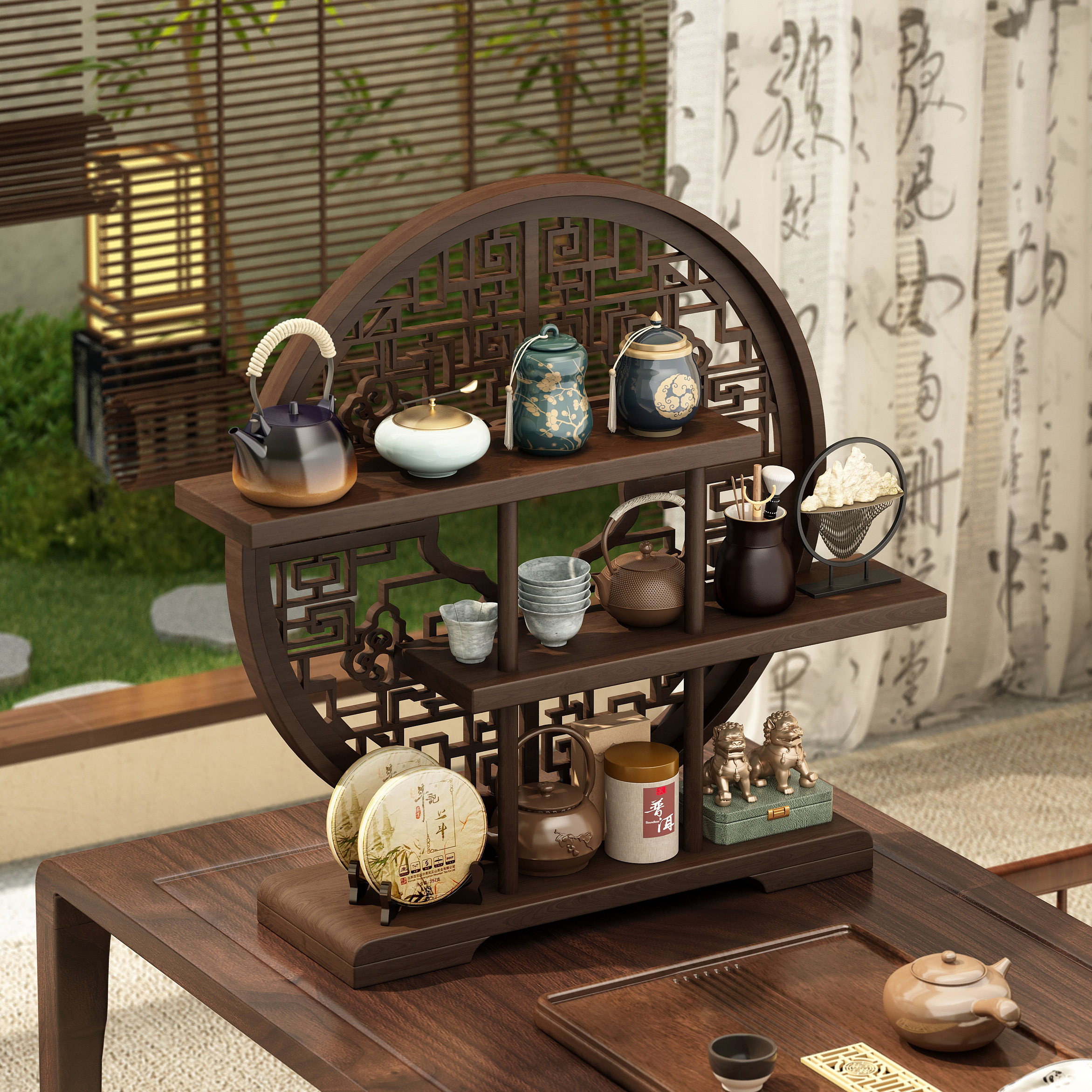 中式博古架桌面茶叶茶具收纳置物架茶室桌上多层紫砂壶摆放展示架