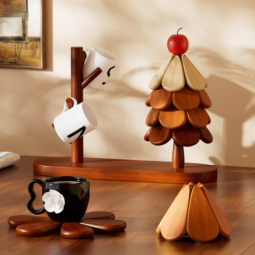 天然实木材质咖啡杯挂架餐垫组合