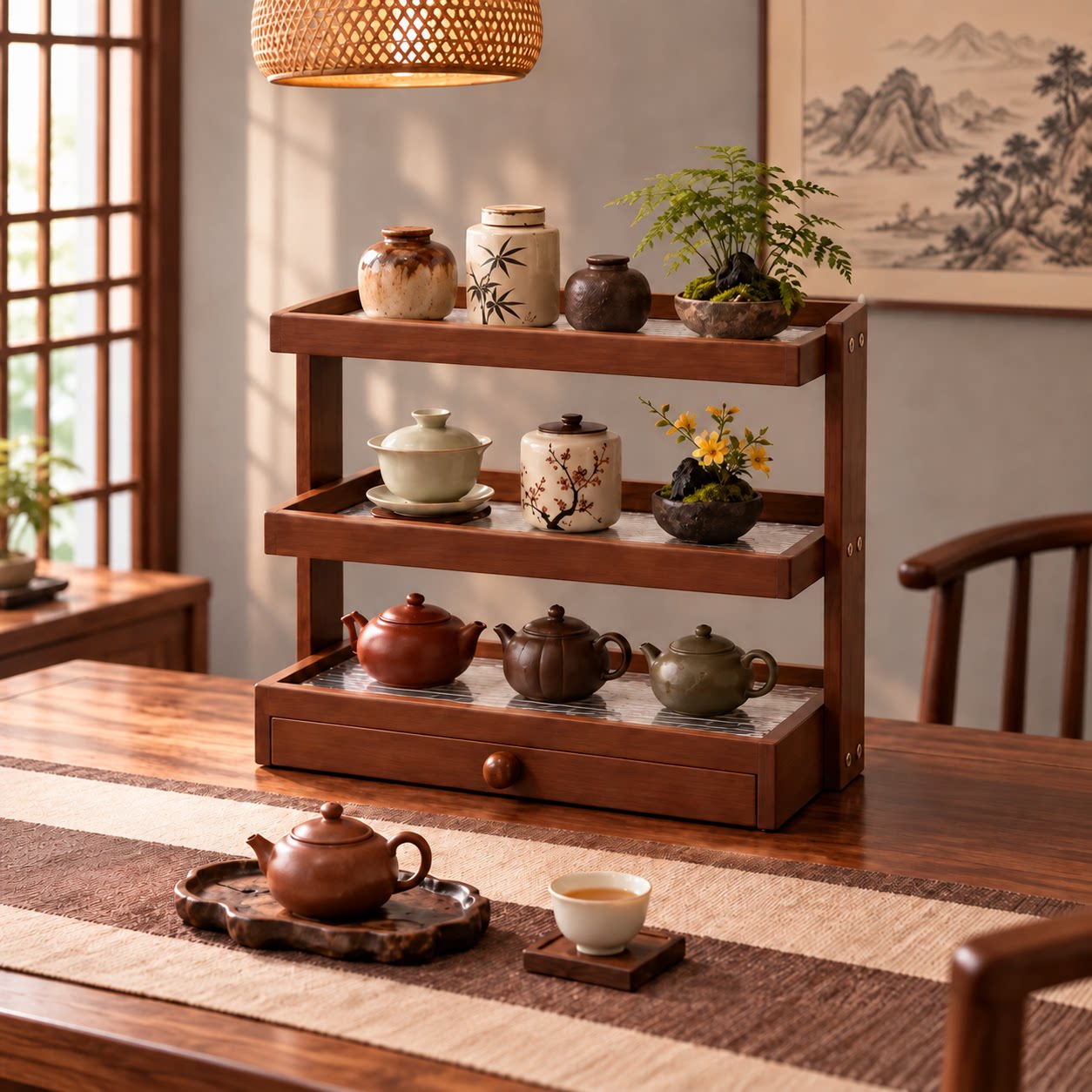 茶杯置物架桌面小型茶叶茶具摆放架新中式实木博古架紫砂壶展示架