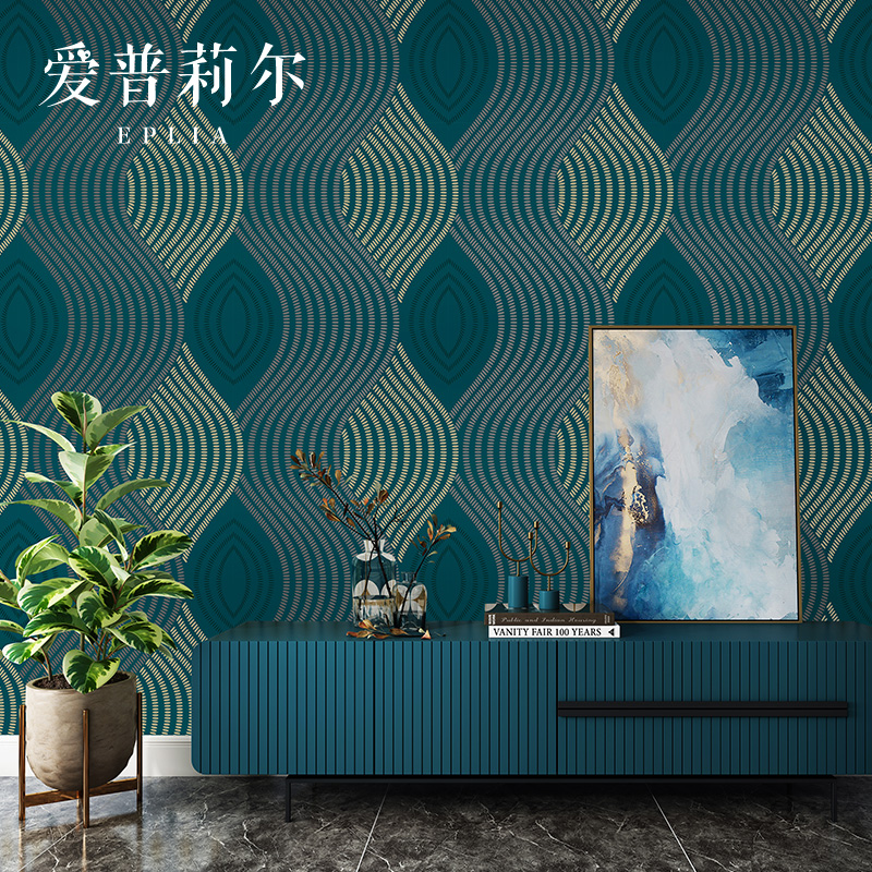 北欧几何抽象曲线蓝色黑色波浪纹墙纸客厅卧室电视背景壁纸高级感