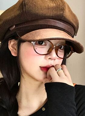 棕色皮檐贝雷帽女春秋美拉德复古显脸小八角帽大头围报童画家帽子