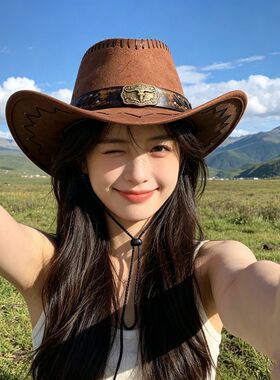 复古做旧西部牛仔帽女川西大草原出游拍照神器大沿遮阳藏族骑士帽