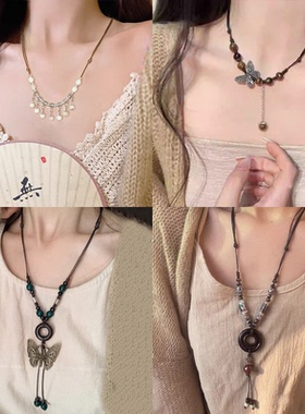 新中式复古蝴蝶串珠长款项链