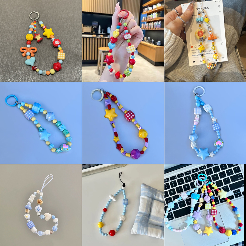 创意卡通手机链星星人吊坠短款串珠链条手机壳挂绳少女手腕挂饰件