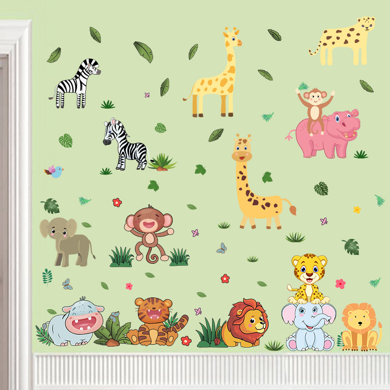 跨境新款非洲动物墙贴画卡通小象狮子创意贴画装饰客厅自粘贴纸图片