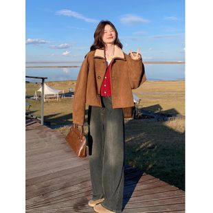 两面穿仿羊羔毛外套女冬韩系短款小个子皮毛一体加绒加厚宽松棉服