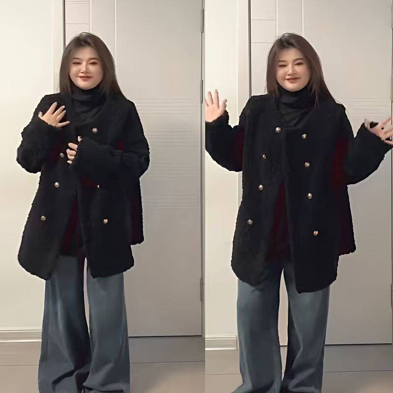 大码女装胖MM黑色仿羊羔绒外套秋冬装新款加厚双排扣圆领毛毛大衣