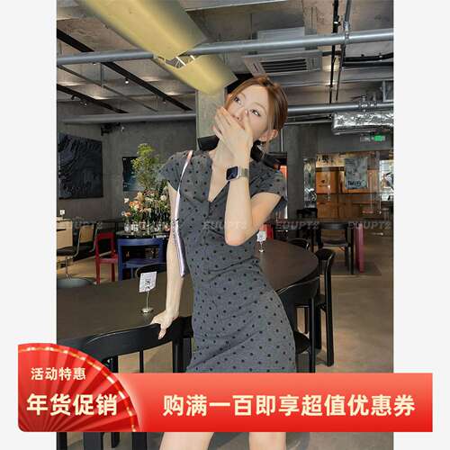 EUUPT2波点蝴蝶结T恤短裙微胖显瘦包臀连衣裙两穿修身辣妹一字肩