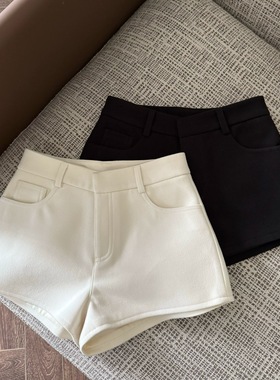FASC自制 毛呢白色短裤女秋冬新款辣妹a字高腰黑色外穿靴裤休闲裤