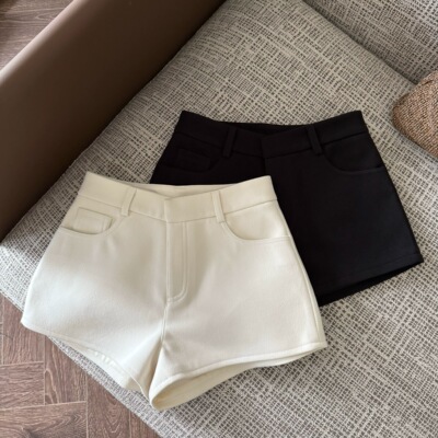 FASC自制 毛呢白色短裤女秋冬新款辣妹a字高腰黑色外穿靴裤休闲裤