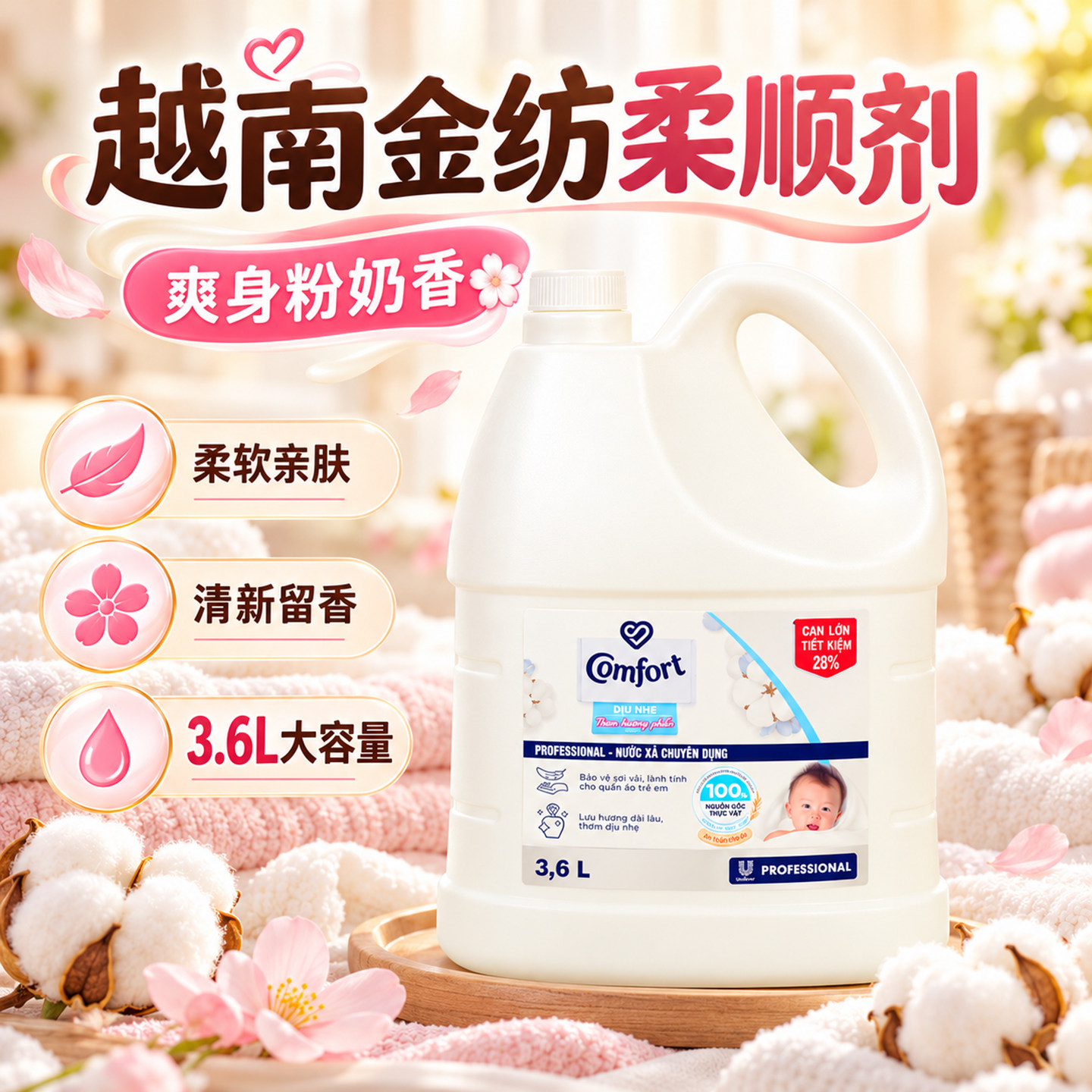 进口越南金纺柔顺剂 comfort衣服护理液衣物护理剂家庭装3.6L包邮