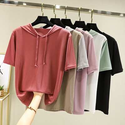 新款冰丝短袖连帽卫衣夏季拼色宽松显瘦打底衫女休闲大码薄款上衣
