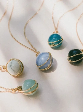 天然水晶红玛瑙不锈钢项链海蓝宝珠子绕丝吊坠饰品