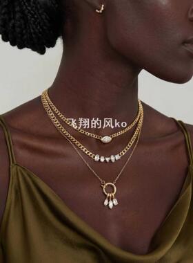 欧美创意设计饰品三层镶钻多层叠戴项链线型锁骨链网红项饰长款女