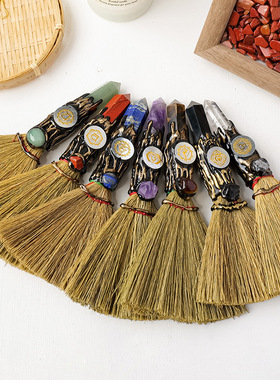 女巫魔法扫帚天然水晶柱Chakela手工制作六角柱扫把家居装饰摆件