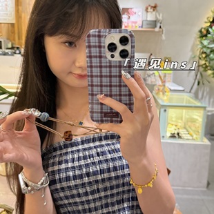 防摔14保护套 苹果15pro 遇见ins秋冬小清新简约经典 棕蓝色格纹韩系适用于iPhone16promax手机壳新款