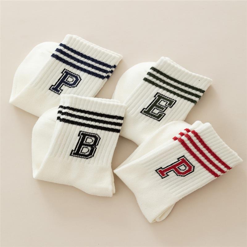 儿童袜2024春秋 4双装 ins男女童精梳棉两杠条纹学生米白中筒袜子