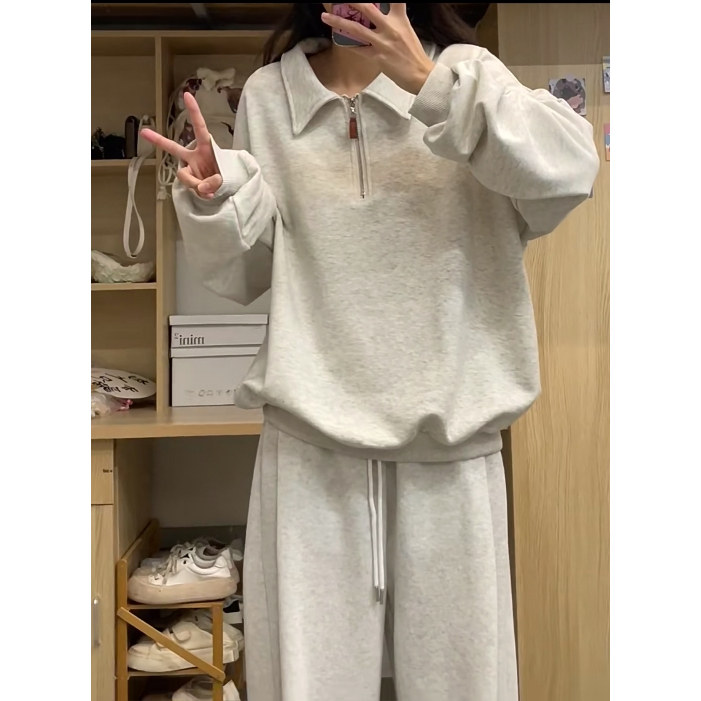 美式新款卫衣polo翻领灰色新款秋冬拉链宽松休闲长袖套头加绒上衣