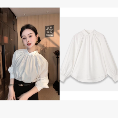 秋冬泡泡袖白色打底长袖衬衫