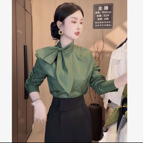 四季极简冰丝蝴蝶结长袖衬衫