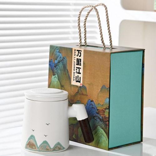 手绘千里江山水杯文创办公杯商务茶水分离茶杯礼品套装陶瓷伴手礼