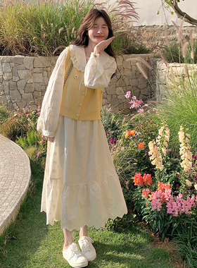 外贸出口转内销白色甜美针织马甲连衣裙套装女春天蕾丝娃娃领长裙