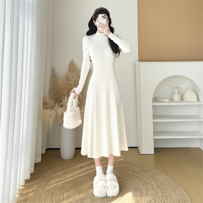 外贸出口转内销法式针织连衣裙女秋冬小个子半高领配大衣内搭打底