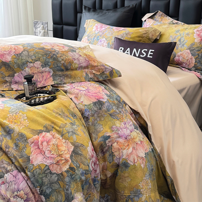 高端秋冬保暖匹马棉数码印花陶瓷磨毛四件套黄色4件套手绘风花卉