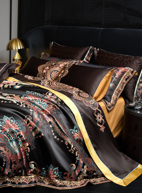 高档欧式黑色床上用品四件套奢华别墅贡缎提花多件床盖款被套床单