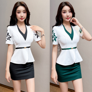 v领拼色潮 包裙两件套装 采耳足浴足疗技师上班工衣修身 显瘦spa新款