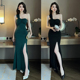法式 性感单肩连衣裙女收腰包臀开叉长裙spa技师工作服高级感长裙