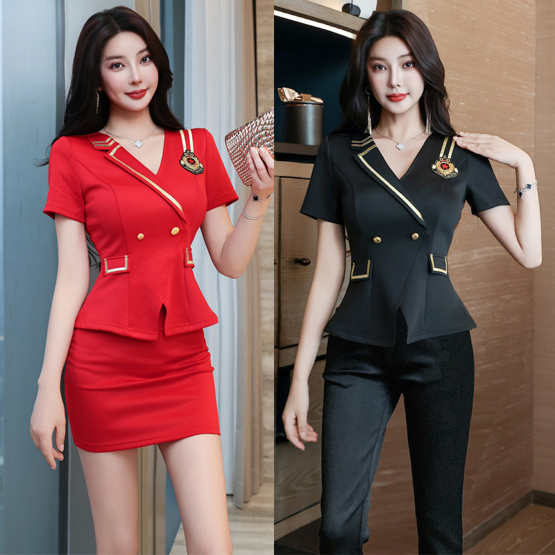 洗浴桑拿红色套装裙v领收腰spa技师套装高端制服美容技师修身显瘦