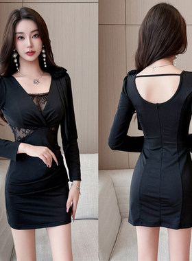 黑色V领蕾丝显瘦包臀工作服裙女