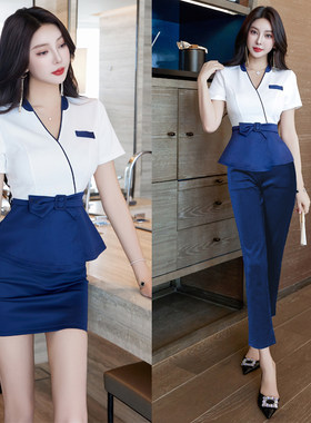 酒店前台女V领短袖显瘦工作服女
