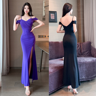 御姐风气质漏肩吊带长礼服性感紧身包臀连衣裙修身 遮肚2026年新款