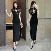 紧身包臀开叉收腰显身材按摩连衣裙 旗袍美容院技师柔式 新中式 长款