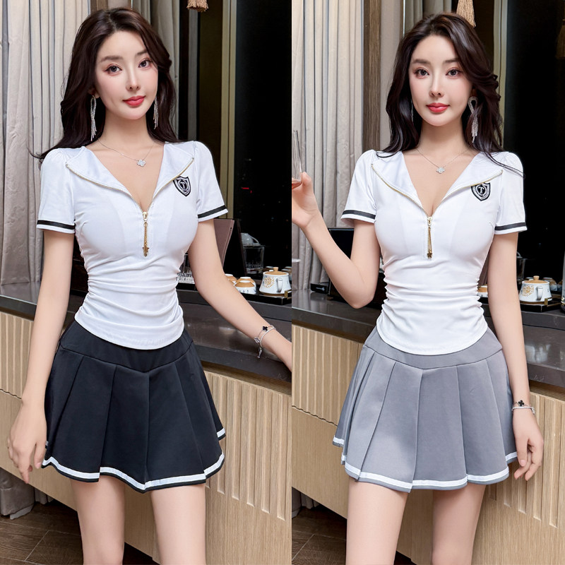 拉链设计短裙足浴桑拿技师上衣短袖收腰遮肚夜店女装按摩技师工服