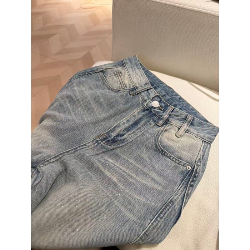 时尚细闪复古风浅蓝色拼接高腰阔腿牛仔裤女款