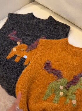 TIAO~马上有钱 半高领宽松型刺绣韩式马夹厚款马甲百搭针织冬季