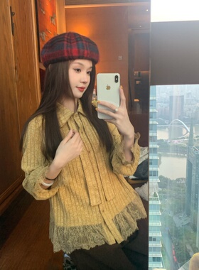 TIAO~ 复古衬衫 设计款蕾丝复古港风衬衫秋冬时尚针织百搭